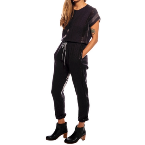 Ace & Jig Pants - Ace & Jig Black Checkered Striped Metallic Button Front Cotton Coverall Jumpsuit